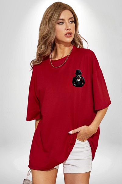 Angemiel Dad Bear Mafia Style Teddy Red Oversize Women Men Front Minimal Printed T-Shirt