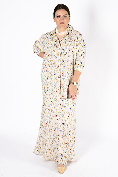 Bedrinxxl Kadın Büyük Beden Bej Çiçek Desenli İkili Takım Rahat Kesim Uzun Et...