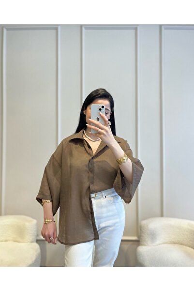 Zims Butik İpeksi Doku Premium Kalite Transparan Gömlek Kahve