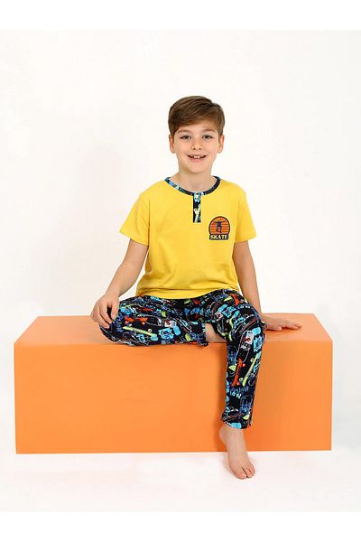 vitmo Boy's Short Sleeve Button Detailed 100% Cotton Pajama Set Skate