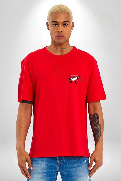 Angemiel Crisis Kaosu Embrace, Find Peace! Red Oversize Women's Men's Front Minimal Printed T-Shirt