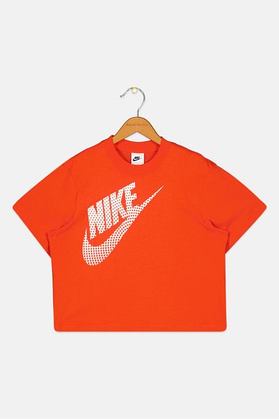 Nike بلوزة خارجية بأكمام قصيرة ورقبة دائرية للفتيات الصغيرات، برتقالي