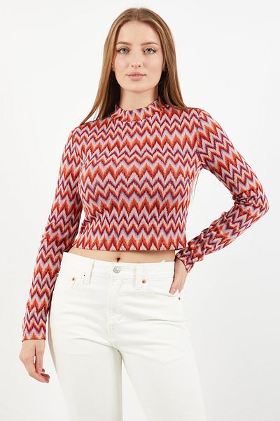 Sinsay Women High Neck Long Sleeve Allover Printed Top, Red Combo