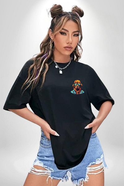Angemiel Cool Dog with Orange Bandana Black Oversize Women's Men's Front Minimal Printed T-Shirt