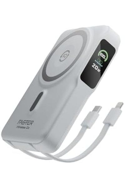 Faster WP-10K Power Bank- 10000mAh Powerbank Built-in Cables- 20W Magnetic Wireless Charger LED Disp
