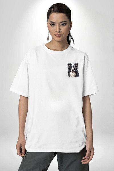 Angemiel Sweet Border Collie Energetic Clever Dog Design White Oversize Women Men Front Minimal Printed T-Shirt