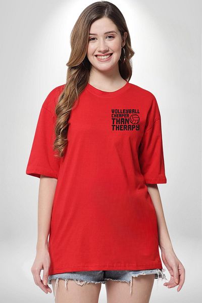Angemiel Volleyball Is Cheap and Fast Written Red Oversize Women's Men's Front Minimal Printed T-Shirt