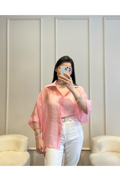 Zims Butik İpeksi Doku Premium Kalite Transparan Gömlek Pembe