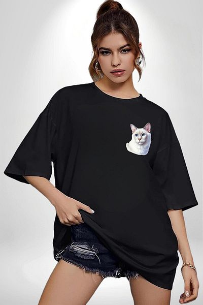 Angemiel Ragdoll Cat Black Oversize Women's Men's Front Minimal Printed T-Shirt