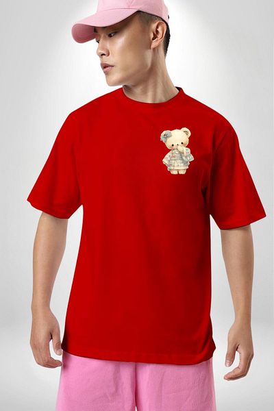Angemiel Blue Square Patterned Teddy Bear Kawaii Style Red Oversize Women's Men's Front Minimal Printed T-Shirt