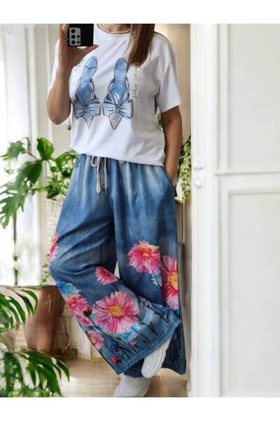 GLAMSI Cheerful Pants with Jeans Print – Teddy Bears, Flowers, Various Patterns