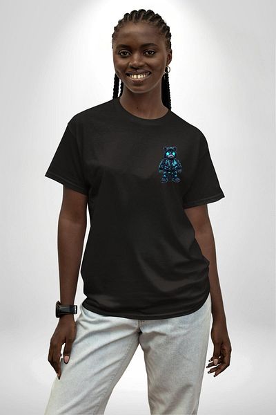 Angemiel Neon Night Glitter Cyberpunk Teddy Bear Black Oversize Women's Men's Front Minimal Printed T-Shirt