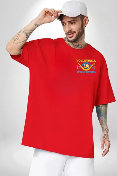 Angemiel Volleyball Is in My Dna Written Red Oversize Women's Men's Front Minimal Printed T-Shirt