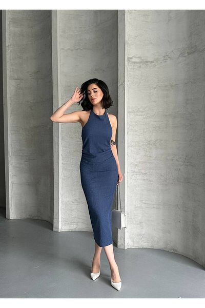 MODAMOR Blue Elegant Halter Neck Midi Dress