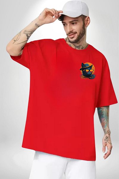 Angemiel تي شيرت Cool Red Cat Eyewear and Hat باللون الأحمر كبير الحجم للنساء والرجال مطبوع من الأمام