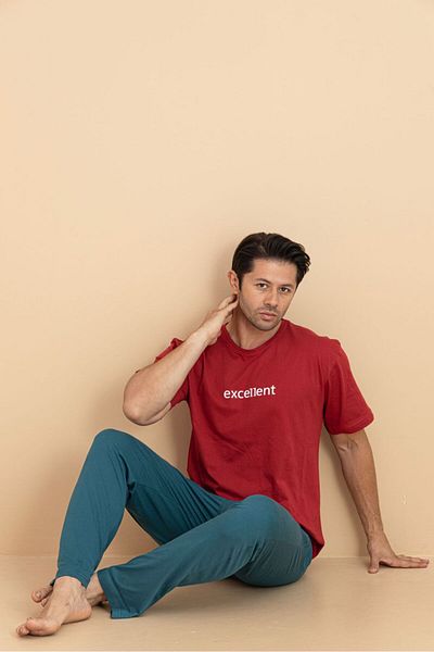 trdpodyum Men's Short Sleeve Pocketed Combed Cotton Pajama Set