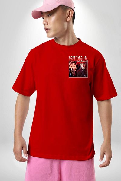 Angemiel Suga Musician Red Oversize Women's Men's Front Minimal Printed T-Shirt for K-Pop Fans