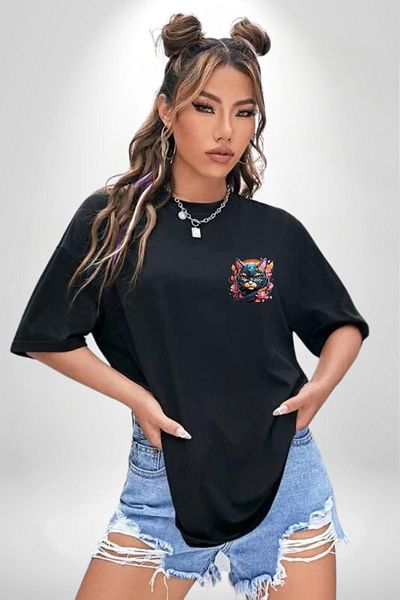 Angemiel Robotic Cat Cyberpunk Cyber Cat Black Oversize Women's Men's Front Minimal Printed T-Shirt