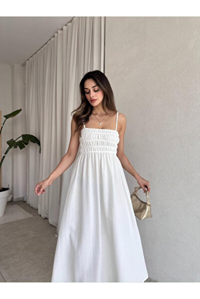 My Blog Weißes elastisches Kleid mit detailliertem Riemen - 2310