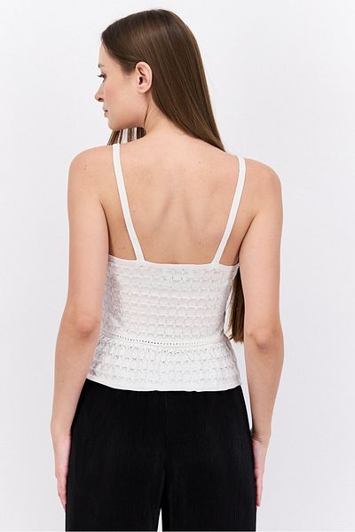Reserved Women V Neck Sleeveless Textured Crop Top, White