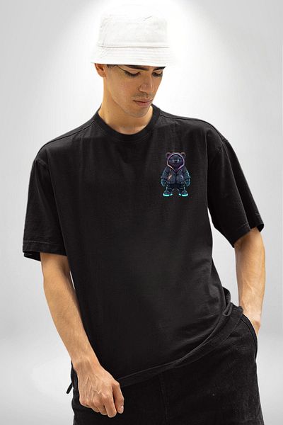 Angemiel Bright Neon Detailed Night Style Teddy Bear Black Oversize Women's Men's Front Minimal Printed T-Shirt