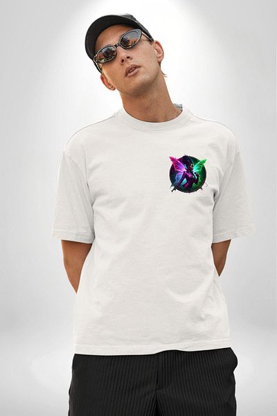 Angemiel Music White Oversize Women Men Front Minimal Printed T-Shirt with Shiny Wings and Microphone