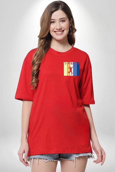 Angemiel Volleyball Written Colorful Energetic Design Red Oversize Women's Men's Front Minimal Printed T-Shirt