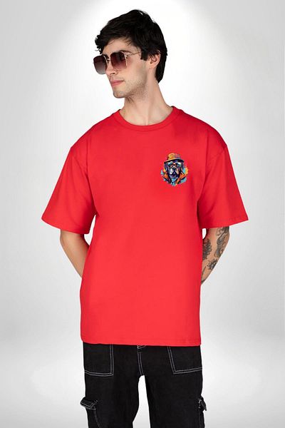 Angemiel Glasses Wearing Boss  Dog Red Oversize Women Men Front Minimal Printed T-Shirt