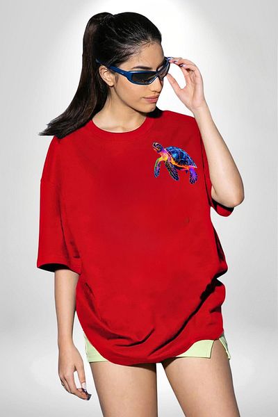 Angemiel Neon Turtle Red Oversize Women's Men's Front Minimal Printed T-Shirt