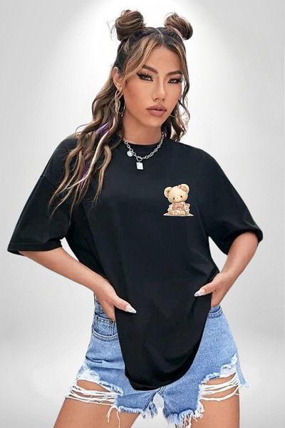 Angemiel Pink Teddy Bear Design with Kimono Black Oversize Women's Men's Front Minimal Printed T-Shirt