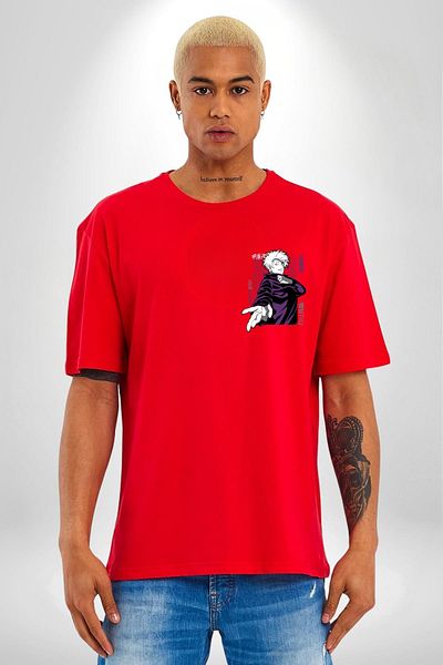 Angemiel Satoru Gojo Jujutsu Kaisen Anime Red Oversize Women Men Front Minimal Printed T-Shirt