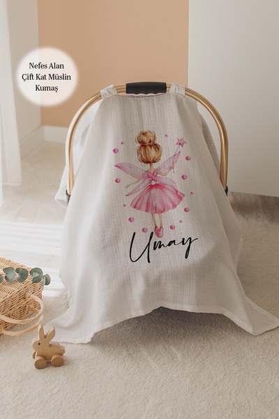 Lilabio %100 Pamuk İsme Özel Çift Katlı Müslin Puset Örtüsü - Peri Kızı