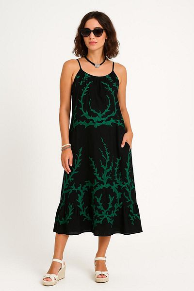 AGORATEKSTİL Women's Rope Strap Coral Pattern Viscose Fabric Long Dress