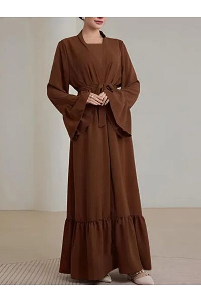 dorbe Ruffle Hem Waist Strap Maxi Abaya Outerwear Dress With Bell Sleeves