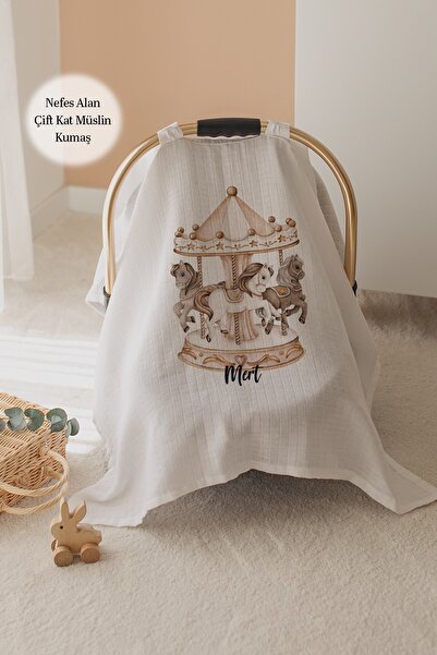 Lilabio %100 Pamuk İsme Özel Çift Katlı Müslin Puset Örtüsü - Atlı Karınca