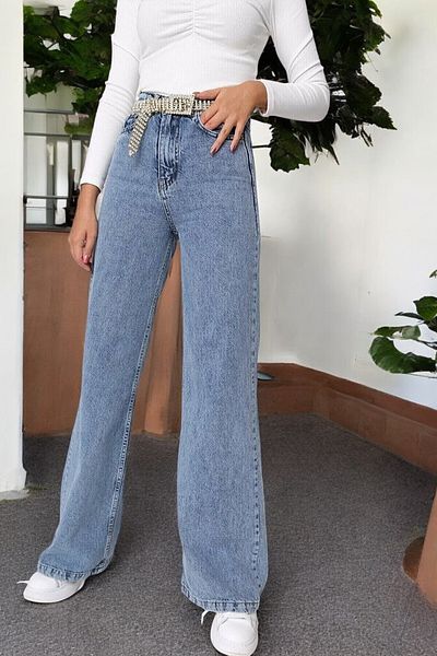 byhaziran butik Kellry Women's Snow Wash High Waist Stretchy Wide Leg Jeans