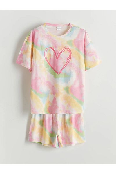 LC Waikiki Lcw Kids Pink Crew Neck Girls' Pajamas Set with Shorts
