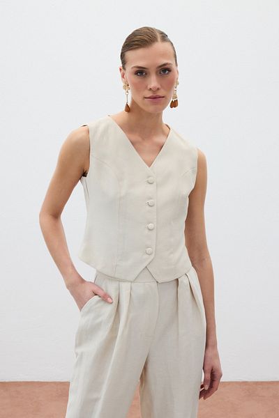 Sateen Linen Vest - Stone