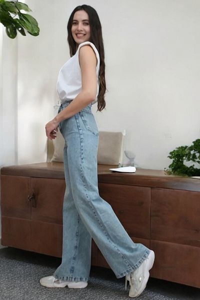 byhaziran butik Bunny Women's Blue Snow Wash High Waist Lycra Wide Leg Jeans