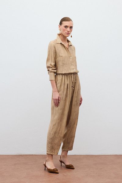 Sateen Sunken Patterned Trousers - Camel