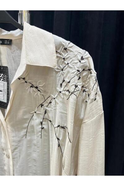 Butik nakış detay ince gömlek krem