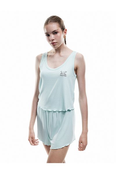 Koton Viscose Fabric Dog Processing Detailed U-Neck Ribbed Undershirt Shorts Pajama Set