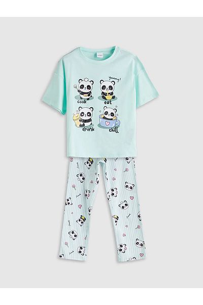 LC Waikiki Lcw Kids Turquoise Crew Neck Girls Pajamas Set