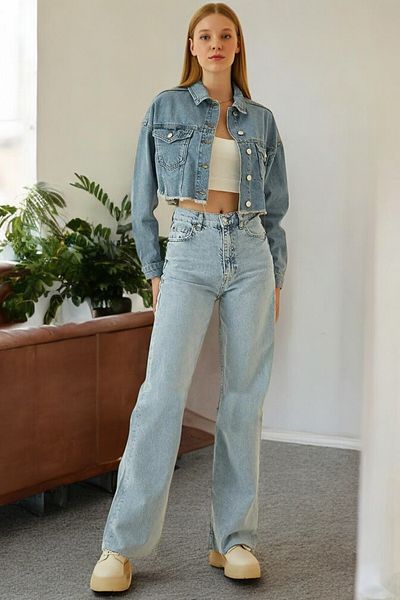byhaziran butik Cian Young Girl Blue Wash High Waist Lycra Loose Wide Leg Jeans