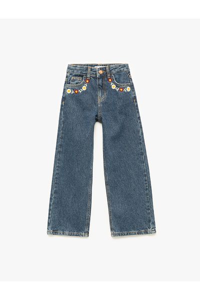 Koton High Waist Cotton Loose Fit Floral Embroidered Wide Leg Denim Pants