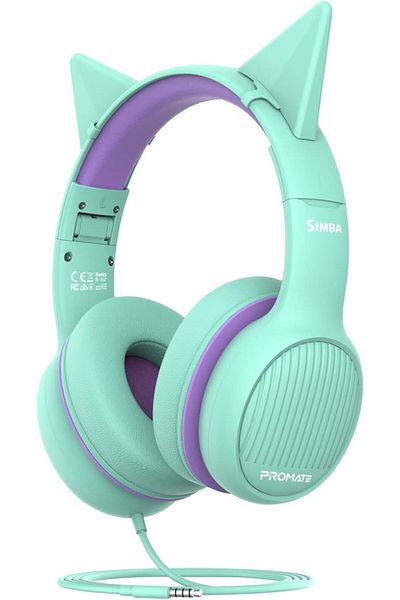 Promate Kids Headset, Cute Kids Safe Foldable Wired Over-Ear Headphones with Audio Share Port, Remov