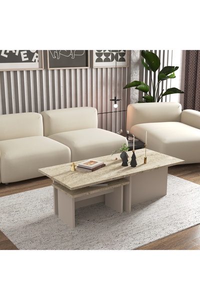 Cool Home Novi Orta Sehpa , Servis , Zigon Sehpa Traverten (Mermer Desen) - Kumsal