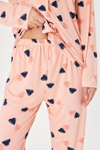 Pajama Shop Women's Milan Fabric Puppy Mouth Heart Pattern Shirt Collar Button-Through Long Sleeve Winter Pajamas Set
