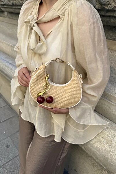 LEONAS Women's Hand and Shoulder Bag Alyona Straw Cream with Cherry Charm Gift