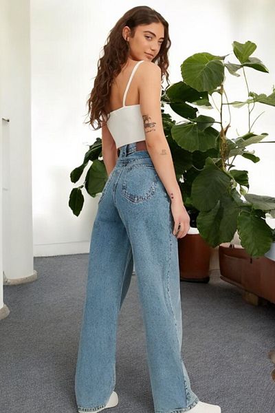 byhaziran butik Rudd Young Girl Light Blue Snow Wash High Waist Lycra Casual 90's Loose Leg Denim Pants